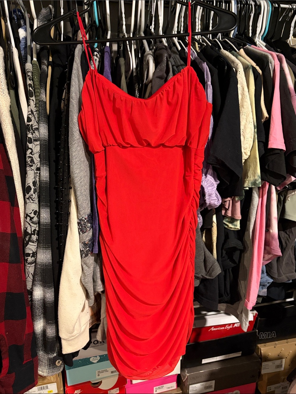 Red Ruched Spaghetti-Strap Dress